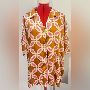 New Zara Geometric Patterned PJ Style Shirt in Pink & Tan Suze XL